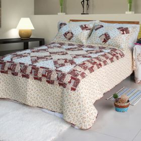 [Fantasy Flowers] Cotton 3PC Floral Vermicelli-Quilted Patchwork Quilt Set (Full/Queen Size)