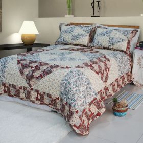[Floral Journey] Cotton 3PC Floral Vermicelli-Quilted Patchwork Quilt Set (Full/Queen Size)