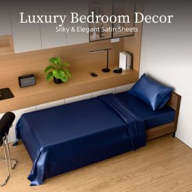 Satin Bed Sheets, Twin Size Sheets Set, 3 Pcs Silky Bedding Set with 15 Inches Deep Pocket for Mattress (Twin, Navy Blue)