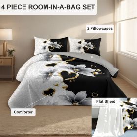 4 Piece Soft All-Season Washed Microfiber And Viscose Comforter Set ,  With Comforter, Sheet, Pillowcases & Shams, Print, Flowerd, Moisture-Wicking (Color: black/white lotus, size: Cal King)
