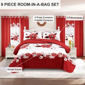 9 Piece Soft All-Season Washed Microfiber Cover Set , Queen/King Bedding Set With Zipper Closure, Sheet, Pillowcases,Shams & curtains, Print (Color: red/white gardenia, size: King)