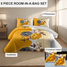 5 Piece Soft All-Season Washed Microfiber And Viscose Comforter Set ,  With Comforter, Sheet, Pillowcases & Shams, Print, Flowerd, Moisture-Wicking (Color: Yellow Blossom, size: King)