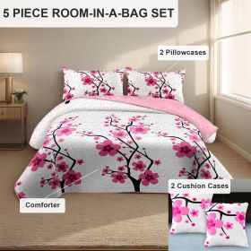 5 Piece Soft All-Season Washed Microfiber And Viscose Comforter Set ,  With Comforter, Sheet, Pillowcases & Shams, Print, Flowerd, Moisture-Wicking (Color: pink mei flower, size: King)