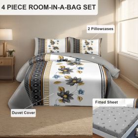4 Piece Soft All-Season Washed Microfiber Cover Set , Queen/King/Calking Bedding Set With Zipper Closure, Sheet, Pillowcases,Print, Moisture-Wicking (Color: grey/white flower, size: Queen)