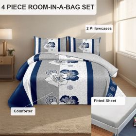 4 Piece Soft All-Season Washed Microfiber And Viscose Comforter Set ,  With Comforter, Sheet, Pillowcases & Shams, Print, Flowerd, Moisture-Wicking (Color: blue/white flower, size: Queen)