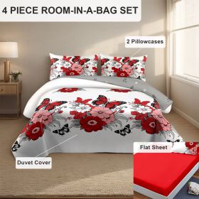 4 Piece Soft All-Season Washed Microfiber Cover Set , Queen/King/Calking Bedding Set With Zipper Closure, Sheet, Pillowcases,Print, Moisture-Wicking (Color: red butterfly peony, size: King)