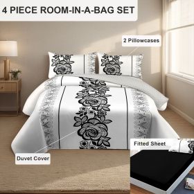 4 Piece Soft All-Season Washed Microfiber Cover Set , Queen/King/Calking Bedding Set With Zipper Closure, Sheet, Pillowcases,Print, Moisture-Wicking (Color: black/white boho flower, size: Queen)